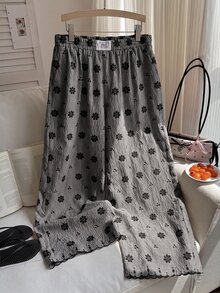 Comfortcana 大尺碼女款休閒度假風珊瑚橘花卉彈性腰長褲，適合夏季度假穿著 - 黑色 - 查看 5