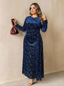 SHEIN CURVE+ Plus Size Women's Floral Print Long Sleeve Pleated Elegant Dress Fall - Blue - View 5
