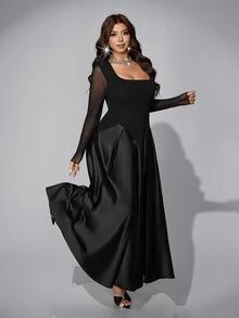 Viva Relle Plus-Size Women's Net Long-Sleeve Gathered A-Line Party Dress - Black - View 5