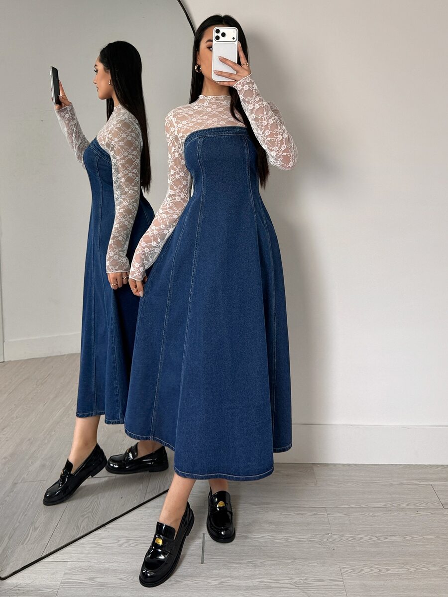 Flexra Fransk vintage midiklänning i djupblå tvättad denim med 3D-segment, midjeformande smickrande design, axelbandslös, mångsidig för pendling