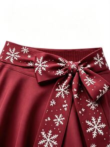 SHEIN Franclia 秋冬休閒聖誕圖案綁帶裙，度假穿搭女款裙子 - 紅色 - 查看 3