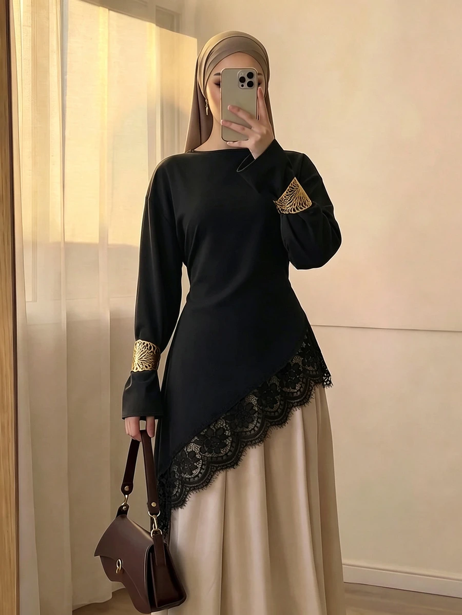 Celisse Atasan Wanita Lengan Panjang Model Longgar dengan Hem Asimetris dan Hiasan Renda, Model Baru untuk Awal Musim Gugur