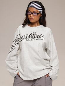 MUSERA 白色圖形 Logo 細節長袖上衣 冬季休閒日常舒適穿搭 女款酷白色上衣 - 淺灰色 - 查看 5
