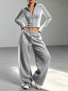 Trelyra Women's Cropped Long Sleeve Sweatshirt And Drawstring Waist Striped Loose Pants 2 Pieces Set - Blue and White - View 5