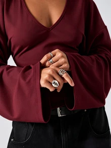 LYSMO Women's Solid Color V-Neck Drop Shoulder Long Sleeve Slim Fit T-Shirt - Burgundy - View 7