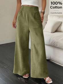Siren Gaze Women's Solid Color Shirred Waist Wide Leg Loose Long Pants - Army Green - View 1