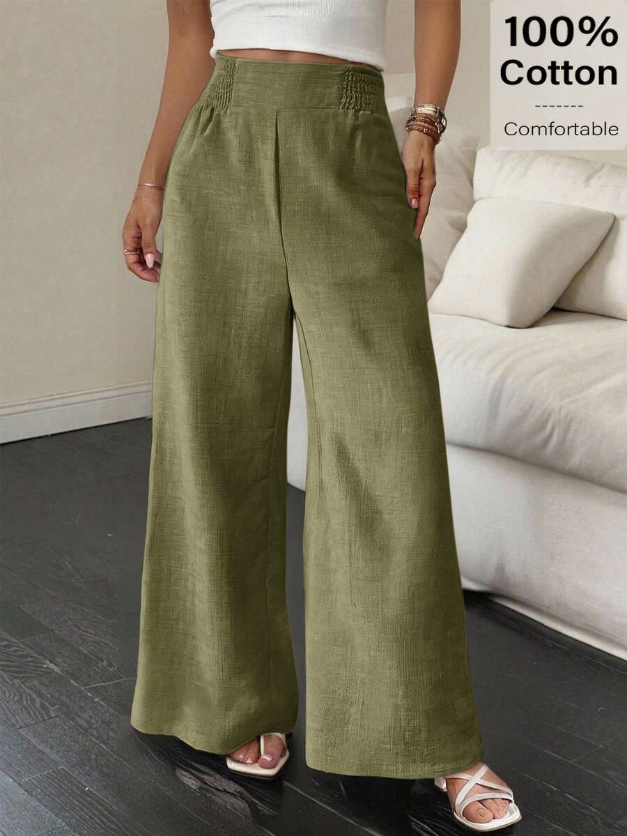 Siren Gaze Women's Solid Color Shirred Waist Wide Leg Loose Long Pants - Army Green - View 1