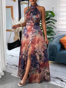 Reflora Plus Size Floral Print Sexy Front Slit Dress - Brown - View 3