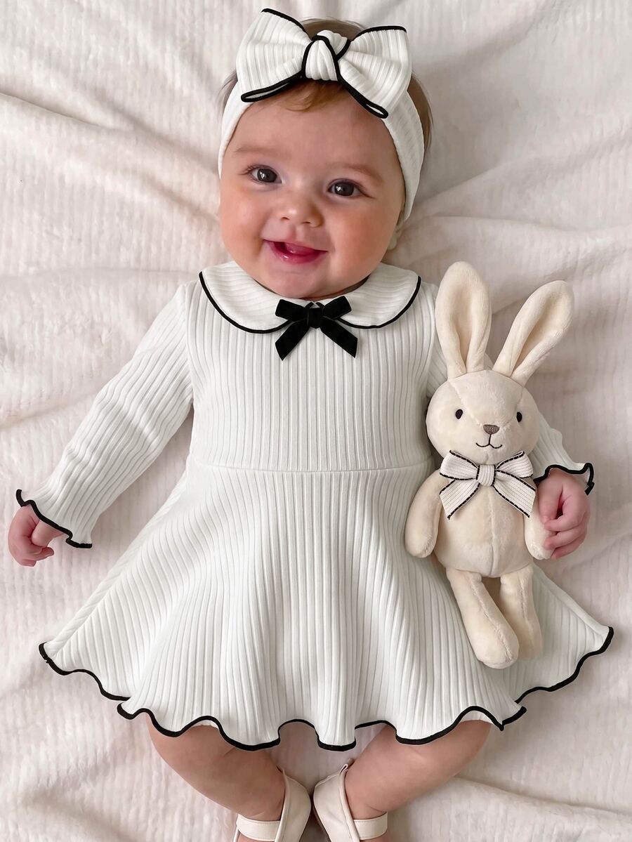 Babygirl Cute Preppy Style Knitted White Bow Collar Doll Dress - White - View 1