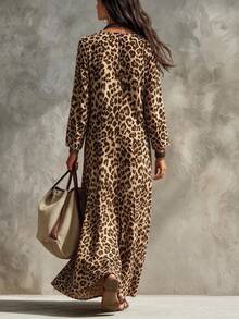 Trelyra Gaun Kasual Longgar Wanita Lengan Panjang Leher V Motif Leopard, Musim Gugur - Khaki - View 3