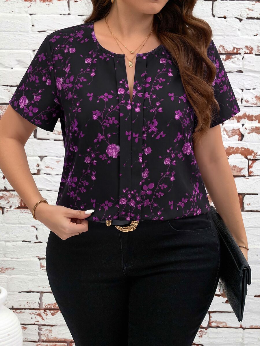 Reflora Plus Size French Vacation Floral Print Short Sleeve Shirt - Purple - View 1