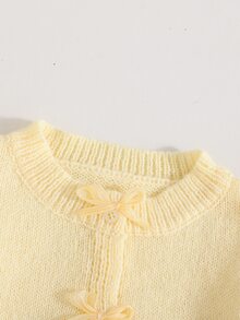 SHEIN 女童秋冬時尚手工蝴蝶結針織長袖開襟毛衣 - 黃色 - 查看 3