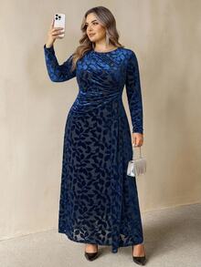 SHEIN CURVE+ Plus Size Women's Floral Print Long Sleeve Pleated Elegant Dress Fall - Blue - View 4