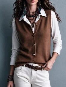 SHEIN Brown Round Neck Gold Button Sleeveless Vest Cardigan For Women , Loose Soft Flattering Layering Commuter Outerwear Going Out Tops Fashionable Tops - Brown - View 5