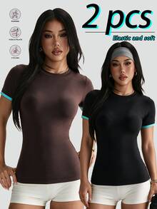 SHEIN Velisys Women's Striped Colorblock Round Neck Short Sleeve Sports T-Shirt 2pcs/Pack - Multicolor - View 1