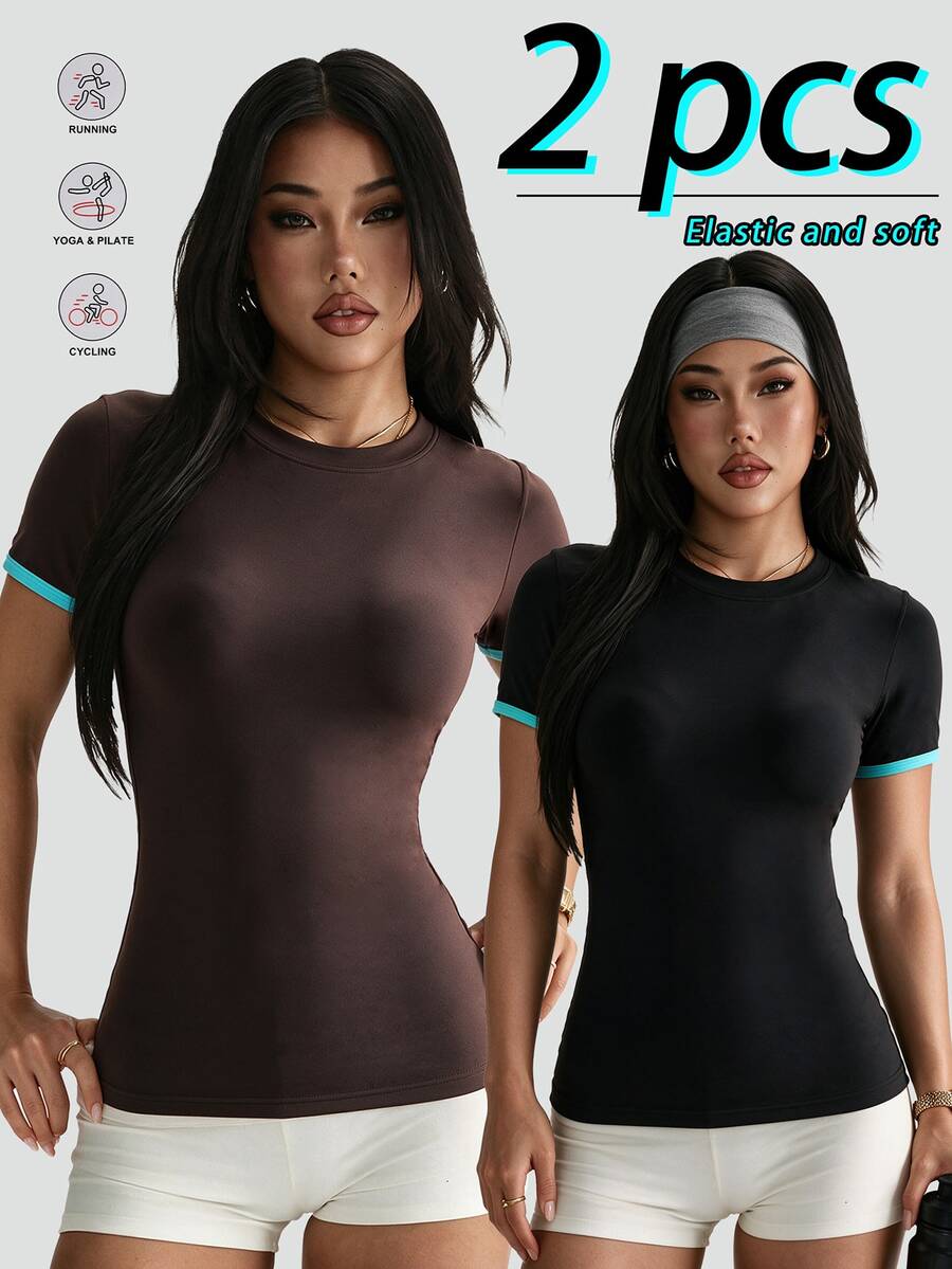 SHEIN Velisys Women's Striped Colorblock Round Neck Short Sleeve Sports T-Shirt 2pcs/Pack - Multicolor - View 1