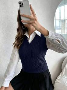 SHEIN PariChic 女款秋冬麻花編織V領休閒百搭針織背心 - 水鴨藍 - 查看 7
