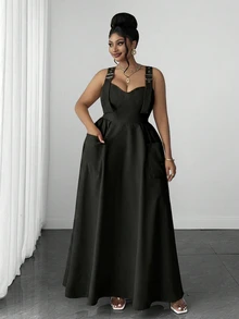 Maweii Fashionable Sexy Charming Metal Buckle Shirred Plus Size Cami Dress, Daily Fashion Dress, New Plus Size Dress - Black - View 5