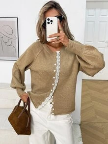 Elyressa French Gentle Soft Round Neck Khaki Single-Breasted Lace Trim Design Raglan Lantern Puff Long Sleeve Sweet Style Versatile Cardigan Sweater Jacket Women's Autumn/Winter Outfit - Khaki - View 3