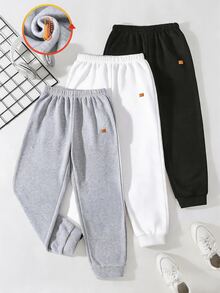 SHEIN 3件組青少年男孩秋冬休閒百搭抓絨內裡鬆緊腰運動長褲 兒童慢跑褲 男孩慢跑褲 多件裝 - 彩色 - 查看 3