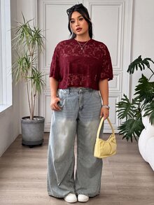 SHEIN EZwear 大尺碼女款蕾絲時尚優雅 T-shirt 約會穿搭 - 酒紅色 - 查看 5