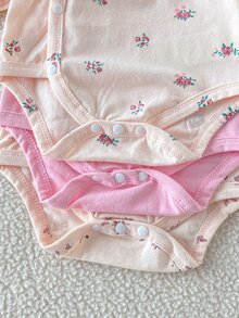 SHEIN 3件組新生兒淺粉色長袖連身衣，0-12個月女嬰柔軟親膚修身內搭連身衣 - 彩色 - 查看 7