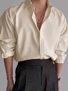 Manfinity Hypemode Men's Casual Textured Long Sleeve Button-Down Shirt For Everyday Wear - Khaki - View 3