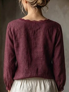SHEIN Blus Wanita Kasual Elegan Warna Krem Muda Leher Bulat dengan Hiasan Renda Minimalis Serbaguna untuk Perjalanan Sehari-hari - Burgundy - View 2