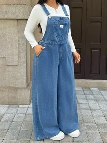 Rivivi Plus Size Loose Wide Leg Denim Jumpsuit With Pocket - Blue - View 6