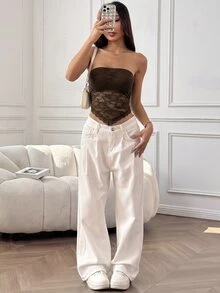 SHEIN EZwear 女款性感蕾絲方領抹胸上衣 - 棕色 - 查看 5