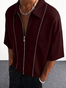 PAVTROS 男士大尺碼街頭時尚拉鍊襯衫休閒款 - 酒紅色 - 查看 1
