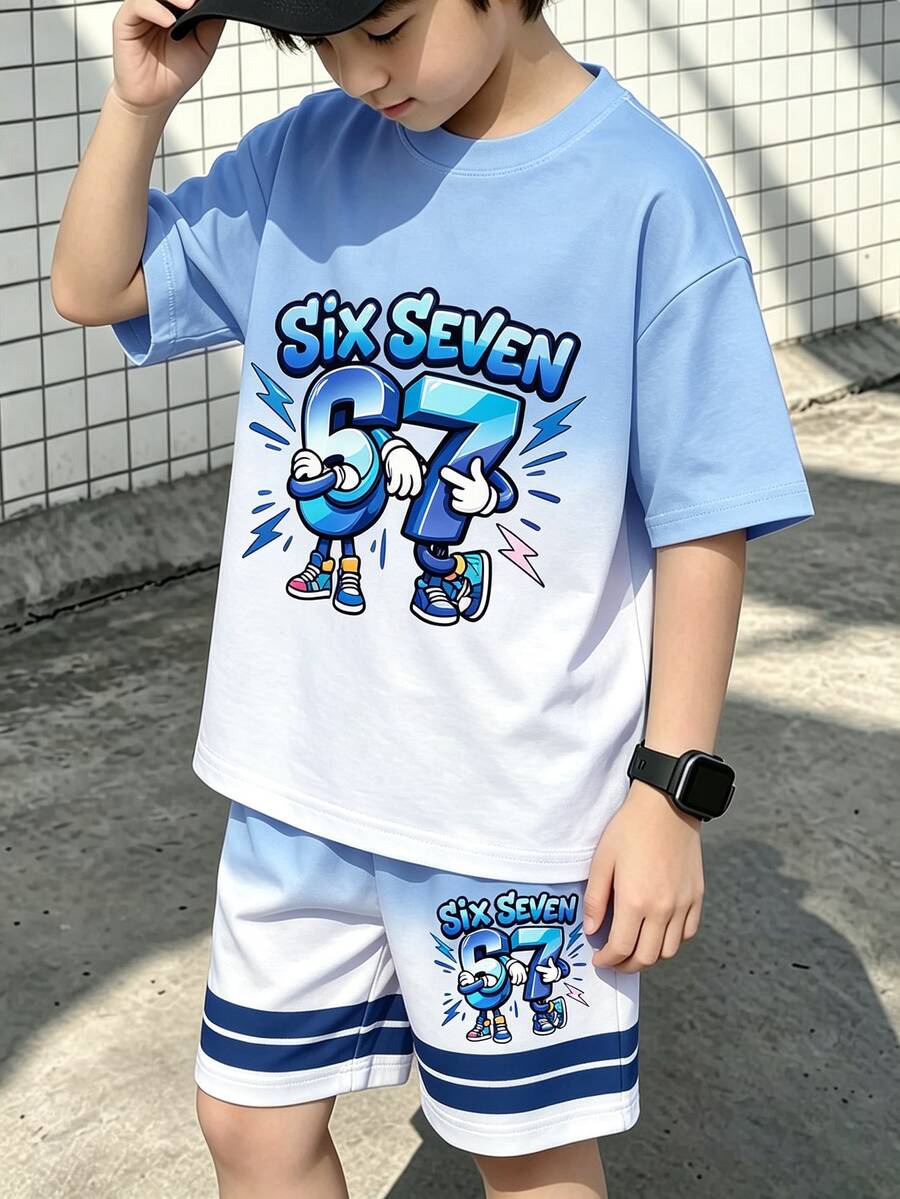 1套男童夏季套裝 67號卡通印花漸層短袖T恤與短褲2件套,兒童運動休閒舒適T恤套裝,校園與外出穿搭,酷帥小男孩夏季穿著,熱銷爆款童裝,孩子必備!媽媽省心的選擇,酷帥小男孩必備夏季穿著,拼色條紋 - 彩色 - 查看 1