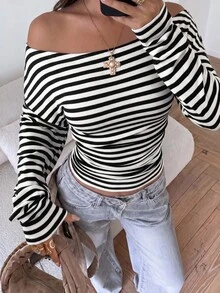 SHEIN EZwear 女款條紋長袖休閒針織露肩修身T恤 - 黑與白 - 查看 3
