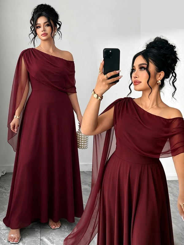 Elenzga فستان فرنسي عتيق أنيق عصري كاجوال بكتف غير متماثل وخط عنق مع شريط باللون البرغندي