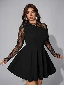 Viva Relle Gaun Pesta Kasual Patchwork Renda untuk Wanita Ukuran Plus - Hitam - View 4