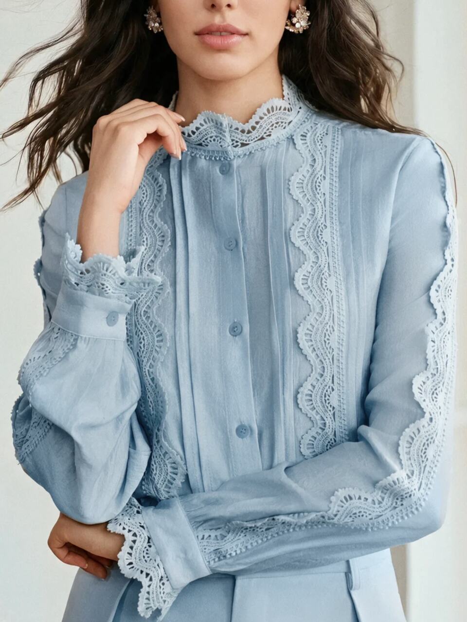 Modern Style Lace Collar Long Sleeve Casual Design Lace Cuff Commuter Outfit Women's Shirt Autumn Outfit For Women Work Outfits For Women Festival Outfit Women