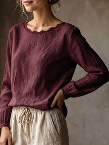 SHEIN Blus Wanita Kasual Elegan Warna Krem Muda Leher Bulat dengan Hiasan Renda Minimalis Serbaguna untuk Perjalanan Sehari-hari - Burgundy - View 6