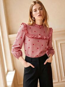 Écloséra Women's French Vintage Plaid Ruffle Trim Blouse, Plaid Embroidered Puff Long Sleeve Ruffle Collar Shirt, Suitable For Commuting, Vacation, Daily Wear - Red - View 1