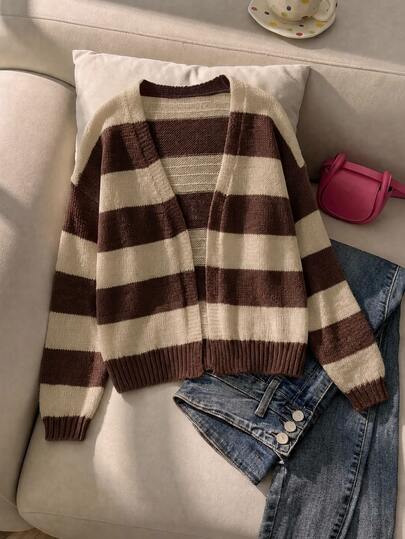 SHEIN 1pc Girls' Cardigan Sweater, Fashion Classic Colorblock Striped V-Neck Dropped Shoulder Long Sleeve, Casual Slouchy, Regular Thickness, Neat Hem, Smooth Touch, Suitable For Daily Wear, Outings, Gatherings, Spring And Autumn