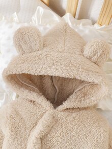 SHEIN Newborn Bear Hooded Footed Fuzzy Jumpsuit Cartoon Embroidery For Baby Shower Outdoor Photo Shoot - Khaki - View 7