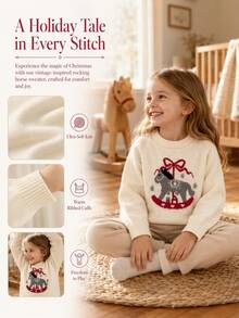 SHEIN Vintaside Kids Toddler Playful Carousel Bow Snowflake Jacquard Round Neck Raglan Sleeve Pullover Knit Sweater - White - View 6