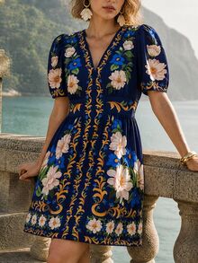 CAJUNI Summer Short Puff Sleeve Floral Dress - Blue - View 7