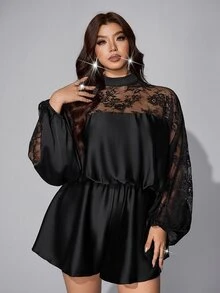 Viva Relle Plus Size Women's Lace Patchwork Ruffle Romper Fall - Black - View 4