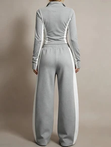 Trelyra Women's Cropped Long Sleeve Sweatshirt And Drawstring Waist Striped Loose Pants 2 Pieces Set - Blue and White - View 2
