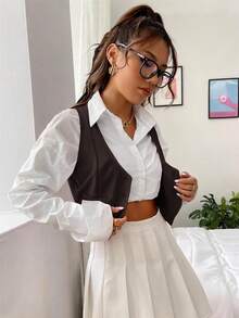 SHEIN EZwear 秋冬季不含襯衫鈕扣前開式背心 - 棕色 - 查看 7