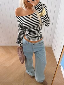 SHEIN EZwear 女款條紋長袖休閒針織露肩修身T恤 - 黑與白 - 查看 6