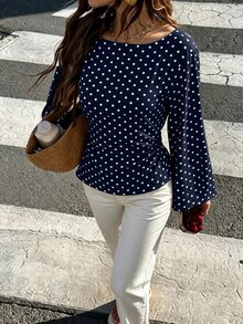 Flora Isola Flora Isola 女款春夏秋波點印花船領側收腰喇叭袖襯衫，法式復古通勤優雅上衣 - 彩色 - 查看 1