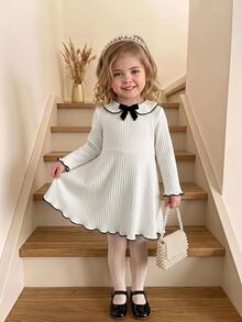 Babygirl Cute Preppy Style Knitted White Bow Collar Doll Dress - White - View 3