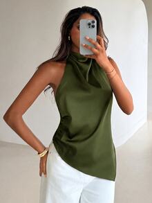 Aloruh Women's Solid Color Casual Versatile Daily Wear Halter Neck Top - Army Green - View 3