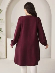 SHEIN CURVE+ Kemeja Wanita Ukuran Besar Motif Bordir Bunga Kasual Elegan untuk Pemakaian Sehari-hari, Musim Gugur, Formal, Pesta Malam, Warna Burgundy - Burgundy - View 2